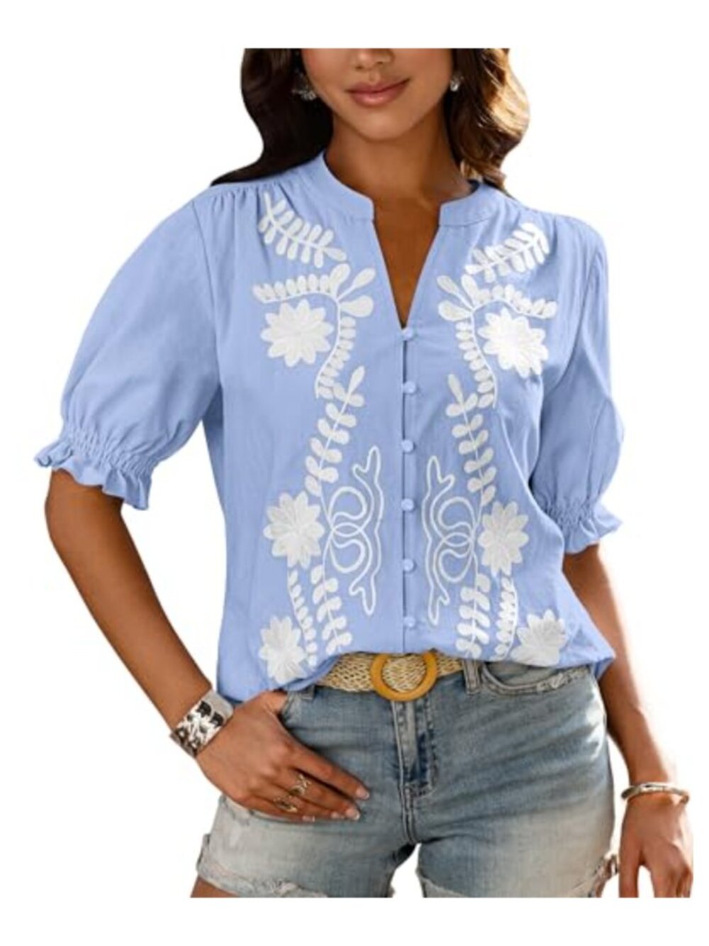 Women's Embroidered Puff Sleeve Button Down Blouse